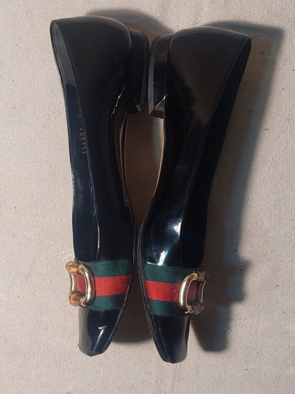GUCCI Black Patent Leather Web Stripe Bamboo Horsebit Square Toe Flats SZ: 8.5